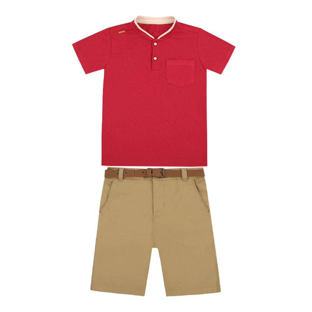 Conjunto Camiseta Malha Trabalhada com Bolso e Plaquinha e Shorts Sarja Color com Cinto Caramelo Paraiso - Image 2