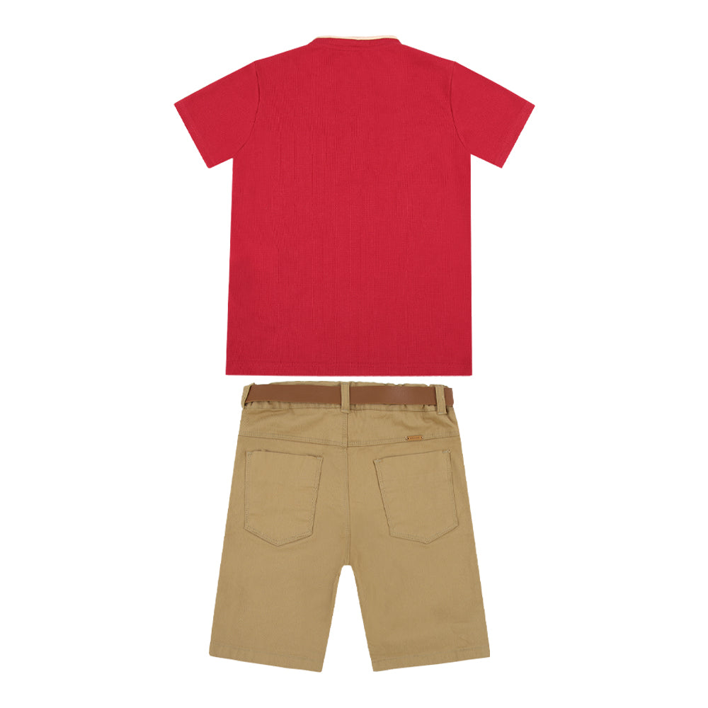 Conjunto Camiseta Malha Trabalhada com Bolso e Plaquinha e Shorts Sarja Color com Cinto Caramelo Paraiso - Image 3
