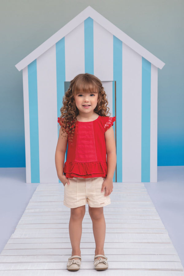 Conjunto Infantil Bata com Bordado nas Mangas e Shorts em Sarja com Elástico nas Costas Paraiso