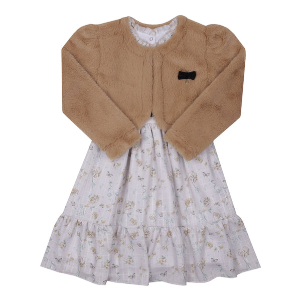 Conjunto Vestido Estampado Toque Suave e Bolero Pelo Quentinho Festa Paraiso 16395