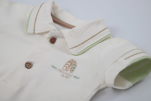 Conjunto Baby Curto Body Meia Manga Bordado com Gola Polo e Shorts Moletom Estampado com Bolso Paraiso