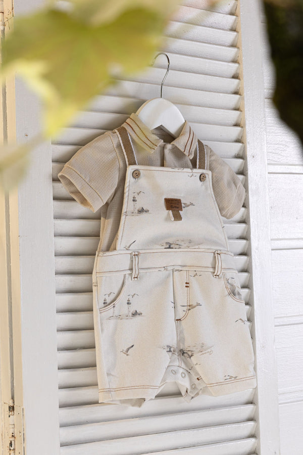 Macacão Curto Efeito Jardineira em Malha Ponto Roma Estampada Paraiso