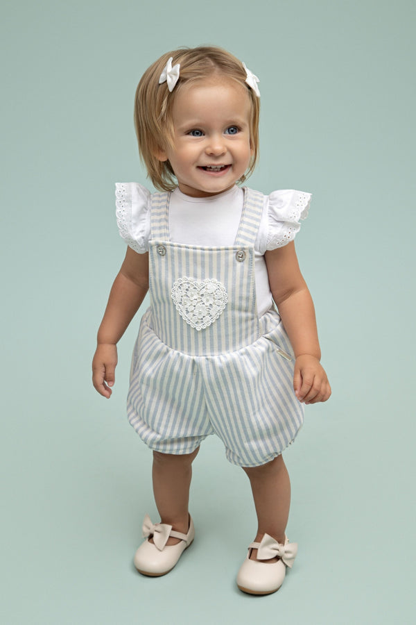 Conjunto Jardineira Moletom Estampado com Detalhe Coração e Body Meia Manga Broderie Paraiso