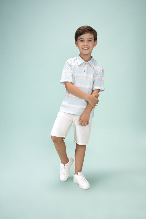 Conjunto Camiseta Polo em Malha Conforto com Plaquinha e Shorts Sarja Leve Efeito Linho Arrumadinho Paraiso