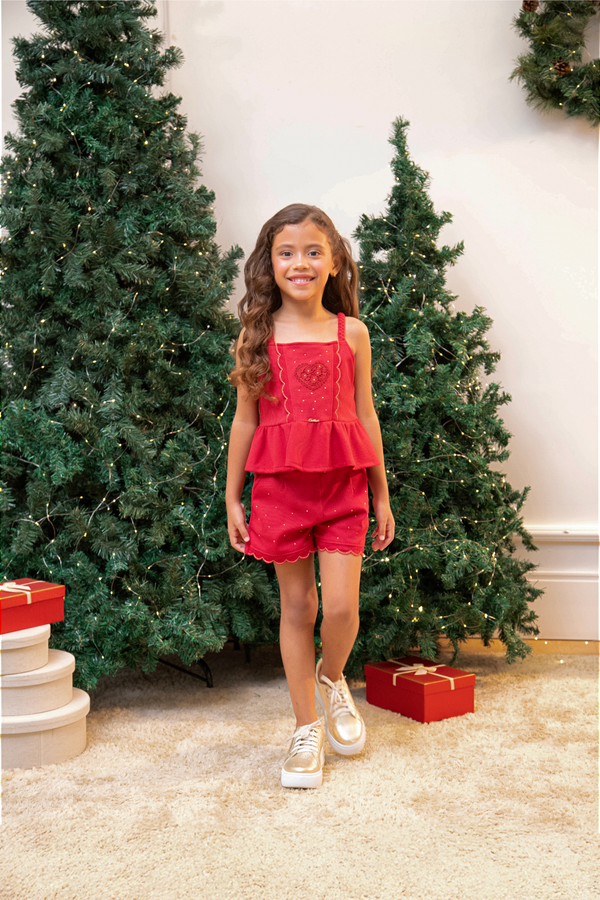 Conjunto Blusa Peplum com Alças Trançadas Bordado e Strass e Shorts Evasê com Bolsos Funcionais Paraiso