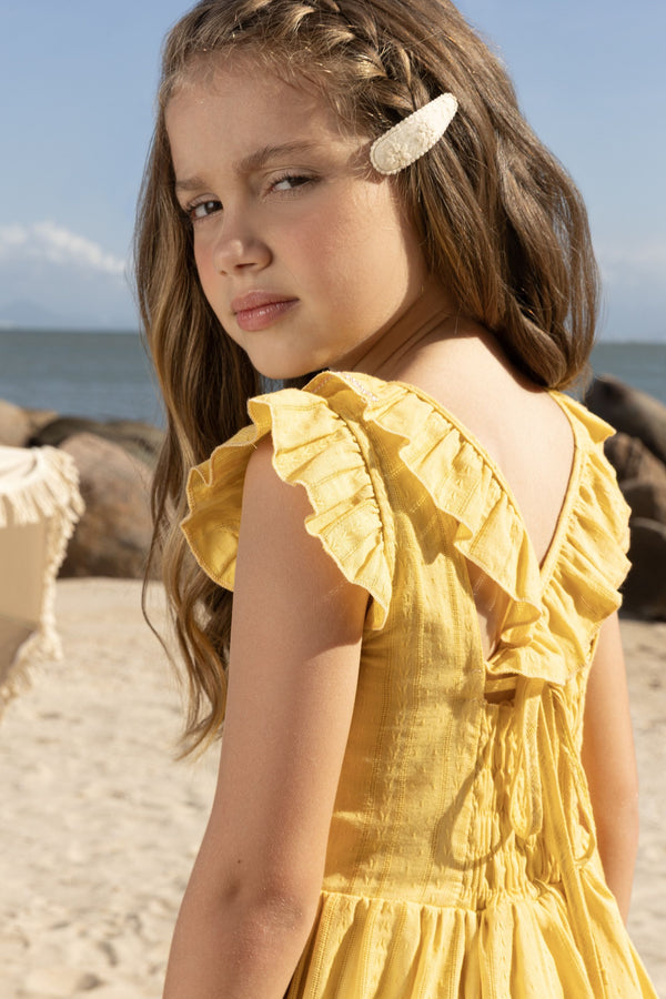 Vestido com Babados Transpassados nas Costas, Cordão para Laço e Preguinhas na Saia Infantil Paraiso