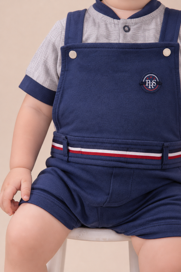 Macacão Curto Meia Manga Paraiso Masculino Azul Marinho Jardineira Bebê