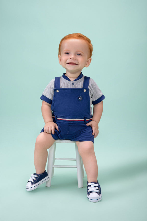 Macacão Curto Meia Manga Paraiso Masculino Azul Marinho Jardineira Bebê