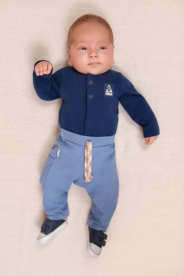 Conjunto Bebê Malha Conforto e Jeans Leve com Botões de Pressão e Calça