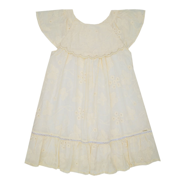 Vestido Infantil Linha A em Laise com Pala Bordada e Mangas Franzidas