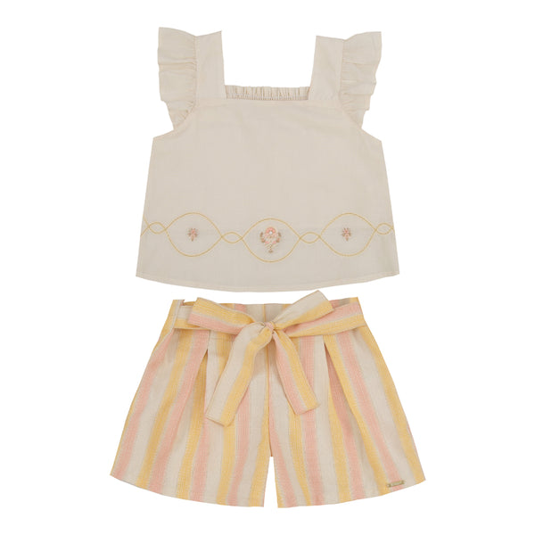 Conjunto Infantil Blusa Cambraia com Bordado e Shorts Listrado com Laço e Lurex Paraiso