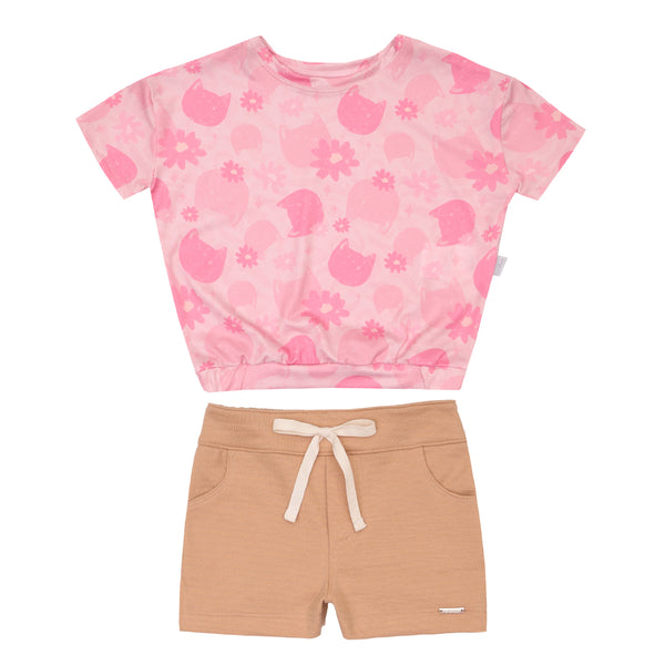 Conjunto Feminino de Blusa Estampada Tecido Crepe e Shorts em Malha Trabalhada Macio e Confortável Le Bhua