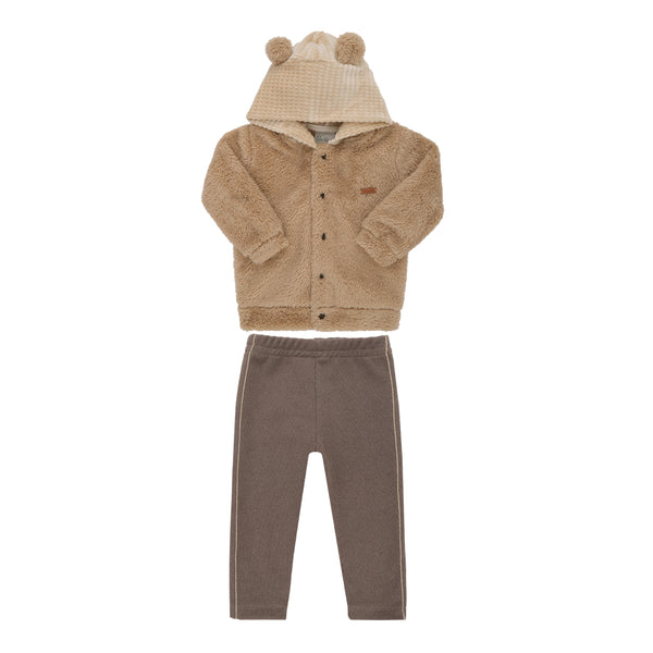 Conjunto Inverno Casaco de Pelo com Capuz Orelhinha e Calça Cotelê Felpada Paraiso