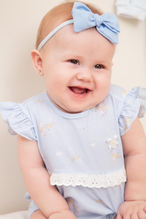 Macacão Curto em Malha Conforto Estampada com Babados e Laço de Cetim Letut LT17322