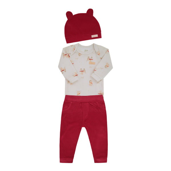 Kit Presente 3 Peças com Body Estampado, Calça e Touca com Orelhinha em Plush Aveludado Letut LT17382