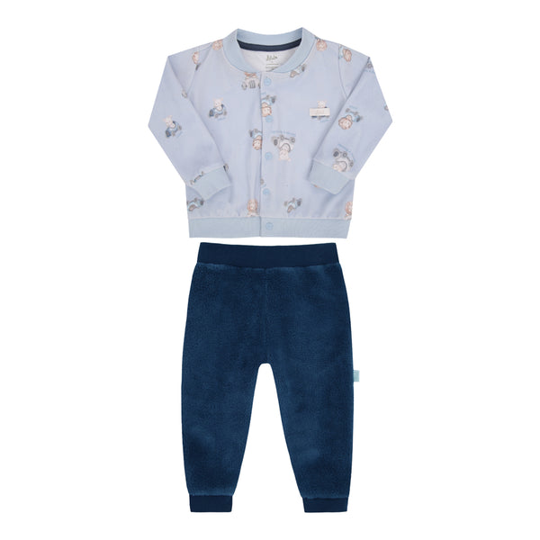 Conjunto Baby Longo de Casaco em Plush Estampado com Calça em Pelo Quentinho e Ribana Canelada Letut