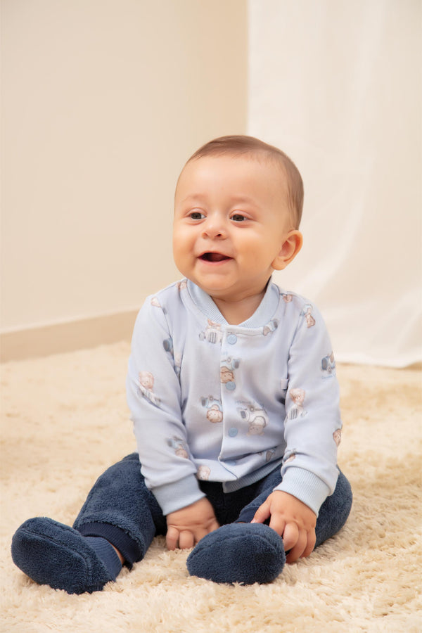 Conjunto Baby Longo de Casaco em Plush Estampado com Calça em Pelo Quentinho e Ribana Canelada Letut