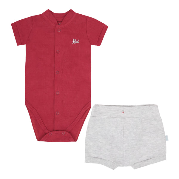 Conjunto Baby Curto com Body em Malha Trabalhada Leve e Shorts Mescla Bordado LeTut LT17373