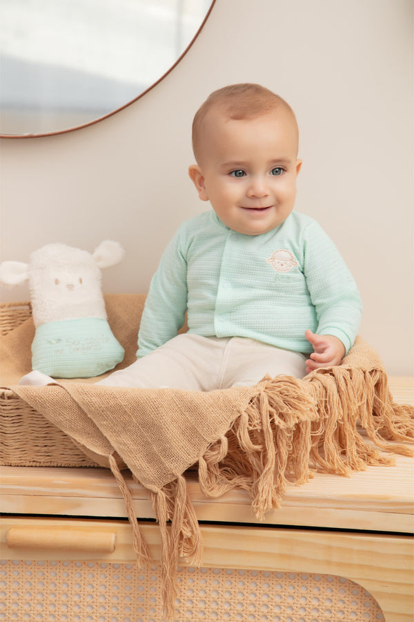 Calça em Plush Jacquard Personalizado com Cós de Elástico e Detalhe de Braguilha Letut