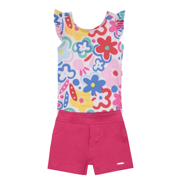 Conjunto Feminino de Body em Malha Estampado Proteção UV e Shorts de Molecotton Le Bhua
