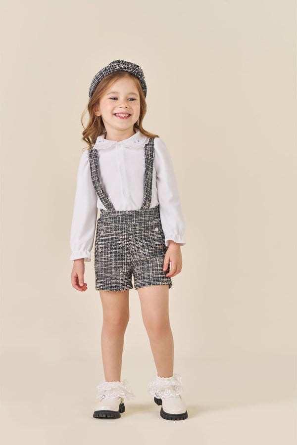 Conjunto Blusa Plush com Gola Bordada e Shorts Tweed Mesclado com Alça Regulável Paraiso