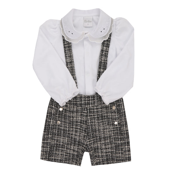 Conjunto Blusa Plush com Gola Bordada e Shorts Tweed Mesclado com Alça Regulável Paraiso