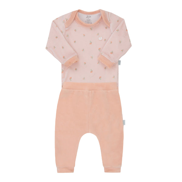 Conjunto Baby Longo de Body em Plush Estampado com Calça Bordada no Bumbum e Cós Elástico Letut