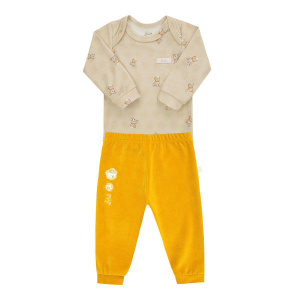 Conjunto Baby Longo em Plush com Body Estampado e Calça Bordada com Cós de Elástico Letut