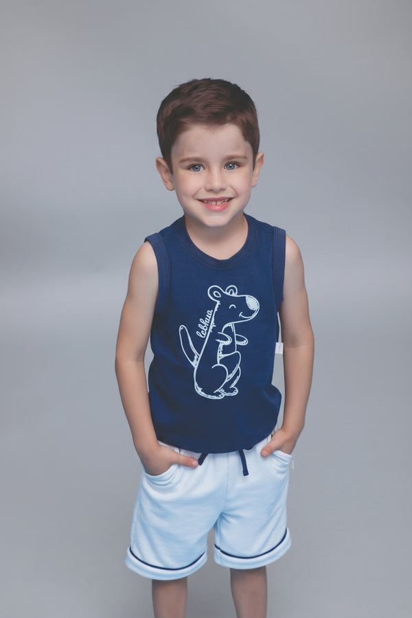 Conjunto Masculino de Camiseta Regata Estampada em Malha e Shorts Confortável Le Bhua
