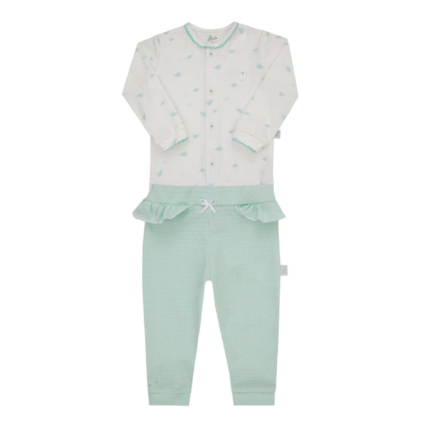 Conjunto Baby Longo de Body em Malha Estampada com Picueta e Calça em Malha Trabalhada com Babadinho Letut