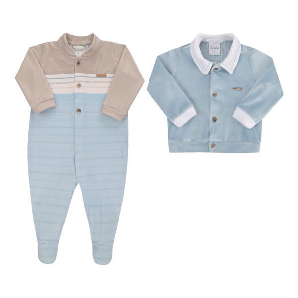 Kit Macacão Longo Malha Tricô Estampada e Casaco Plush Quentinho Paraiso