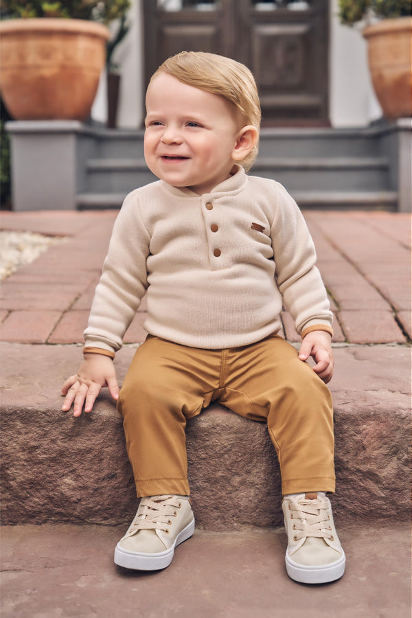 Conjunto Inverno Blusa Tricô Felpado com Abertura Polo e Calça Sarja Leve e Confortável Paraiso