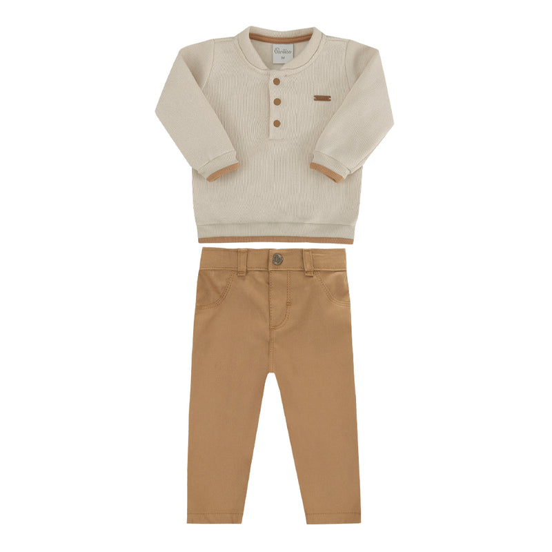 Conjunto Menino Inverno Blusa Polo Tricô Felpado e Calça Sarja Caramelo - Image 2