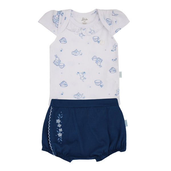 Conjunto Baby Curto com Body em Malha Tricô Estampada e Shorts Bordado em Algodão Letut