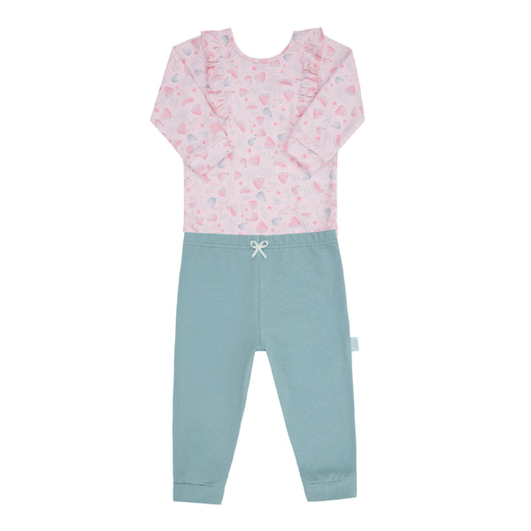 Conjunto Baby Longo de Body em Malha Tricô Estampada com Babadinhos e Calça com Lacinho Letut