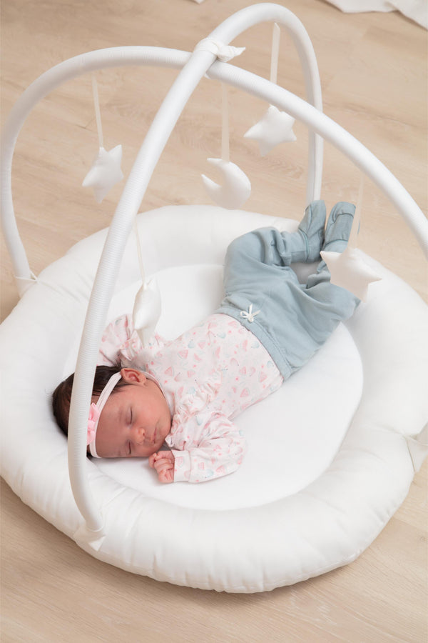 Conjunto Baby Longo de Body em Malha Tricô Estampada com Babadinhos e Calça com Lacinho Letut