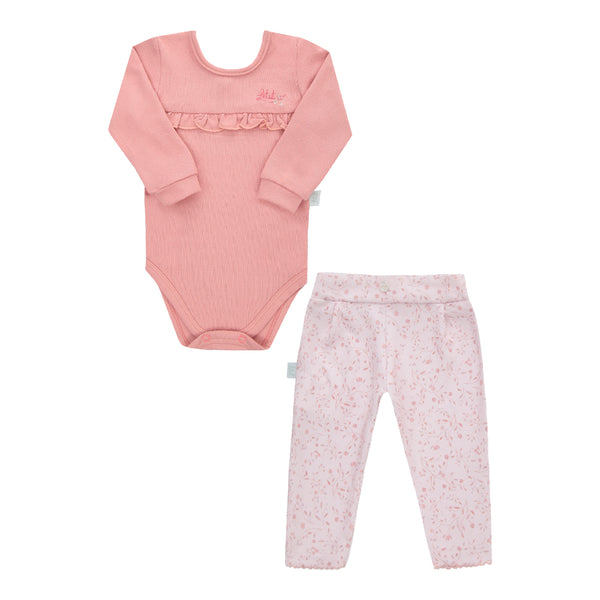 Conjunto Baby Longo em Malha Tricô Levíssima com Body Transpasse e Calça Estampada Letut