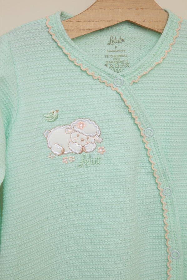 Macacão Longo Feminino em Malha Trabalhada com Bordado e Picueta Letut