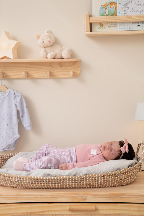 Conjunto Baby Longo de Body em Suedine 100% Algodão com Bordado e Calça em Malha Tricô Estampa Vichy Letut