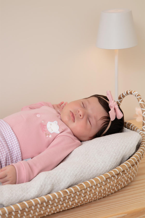 Conjunto Baby Longo de Body em Suedine 100% Algodão com Bordado e Calça em Malha Tricô Estampa Vichy Letut