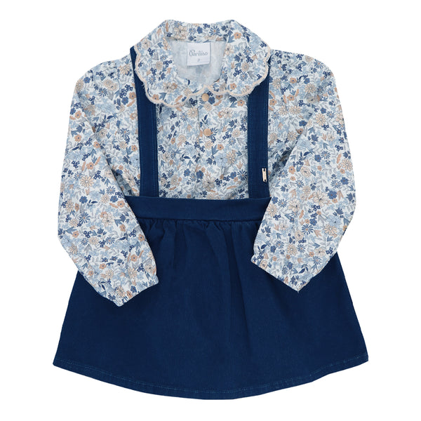 Conjunto Blusa Viscose Floral com Gola Bordada e Saia Shorts Sarja Cotelê com Alças Reguláveis Paraiso 17939