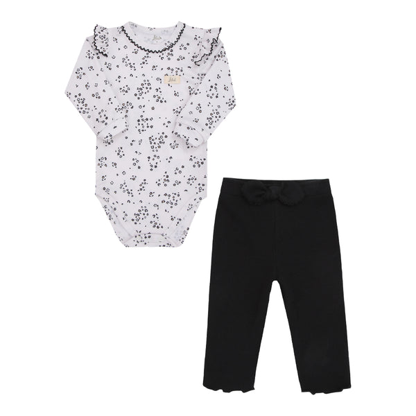 Conjunto Baby Longo de Body em Malha Estampada com Babadinho e Calça Canelada com Laço Letut LT17361
