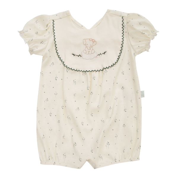 Macacão Curto em Suedine Estampado com Bordado e Detalhe em Picueta Efeito Crochê Letut