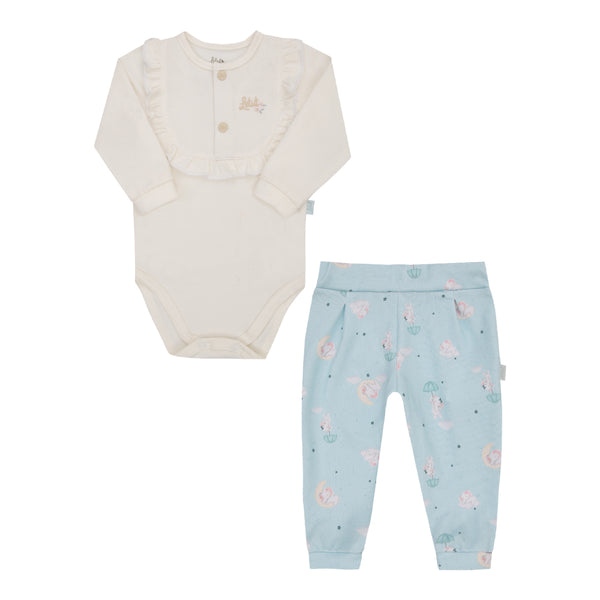 Conjunto Baby Longo de Body em Malha Conforto com Babadinho e Calça em Malha Tricô Levíssima Estampada Letut