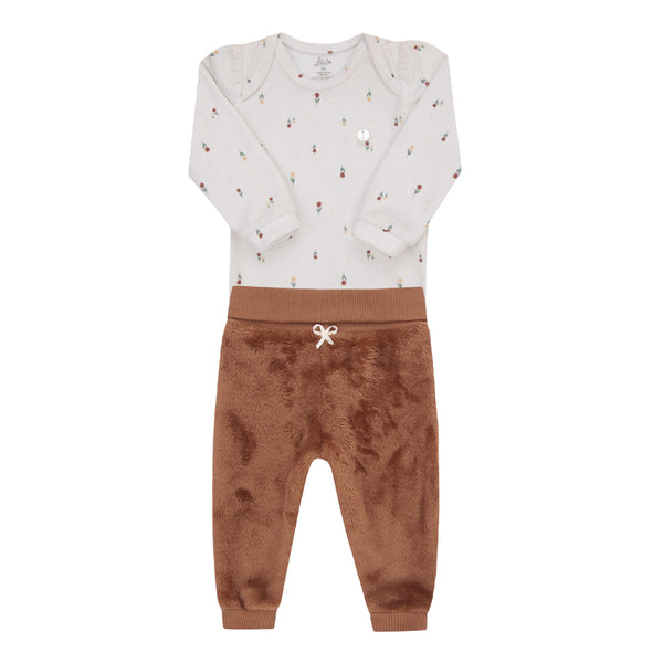Conjunto Baby Longo de Body em Plush Estampado com Calça em Pelo Quentinho e Cós Conforto Letut