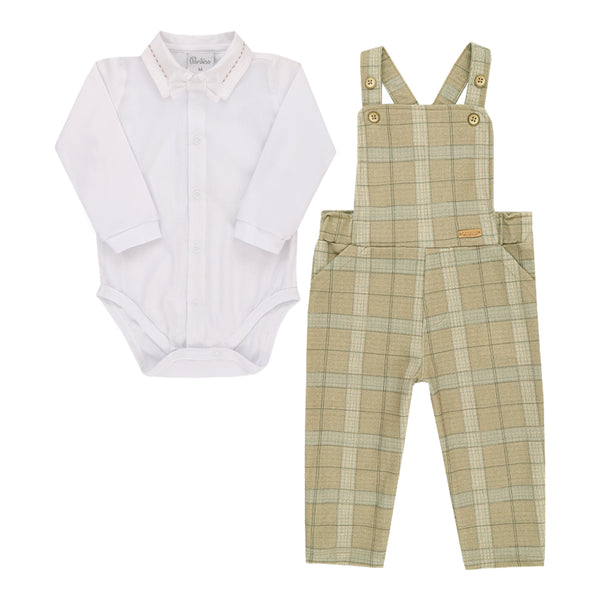 Conjunto Macacão Jardineira Xadrez Leve com Body Manga Longa e Gravata Removível Paraiso 17829
