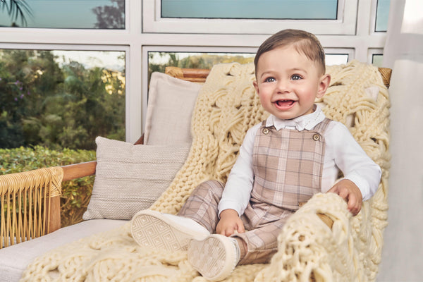 Conjunto Macacão Jardineira Xadrez Leve com Body Manga Longa e Gravata Removível Paraiso 17829