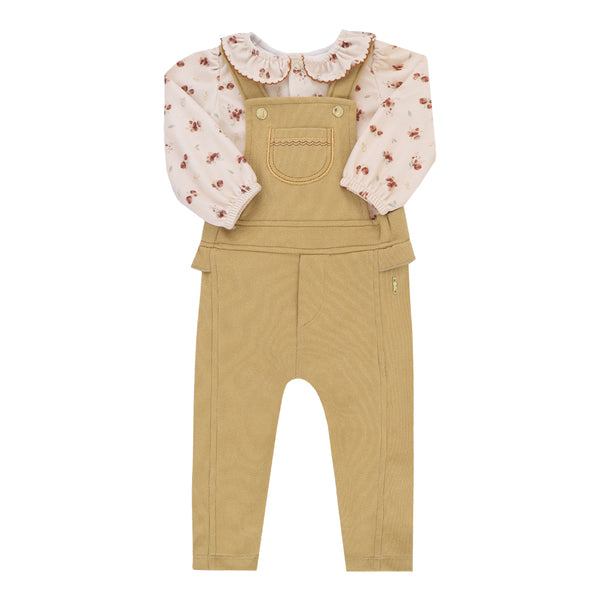 Conjunto Macacão Longo Cotelê Felpado com Body Plush Estampado e Gola Babadinho Paraiso