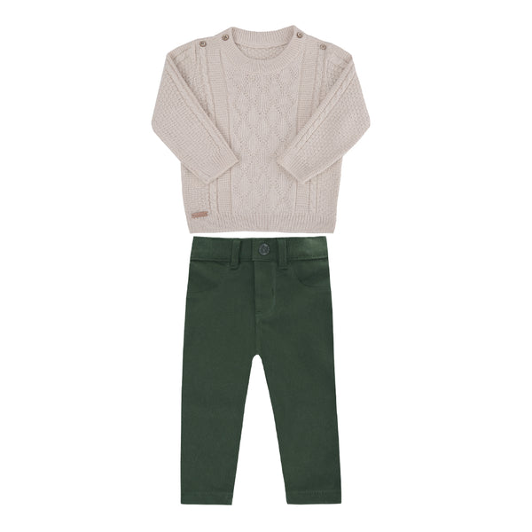 Conjunto Blusa Tricô Trabalhado com Botões Decorativos e Calça Sarja Color Paraiso 17831