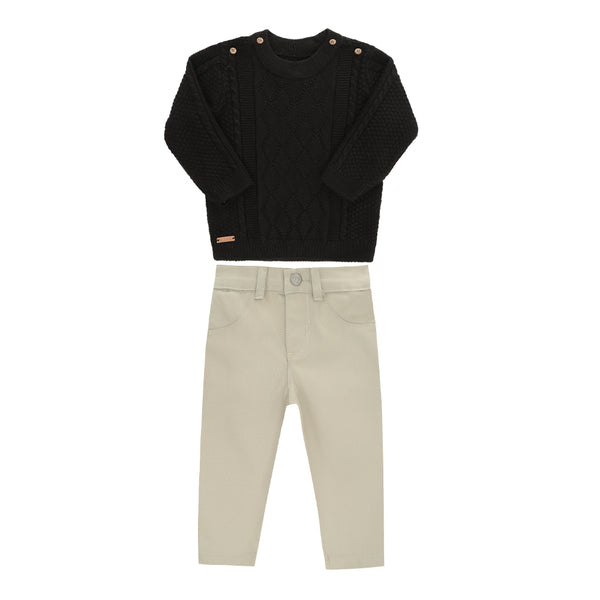 Conjunto Blusa Tricô Trabalhado com Botões Decorativos e Calça Sarja Color Paraiso 17831